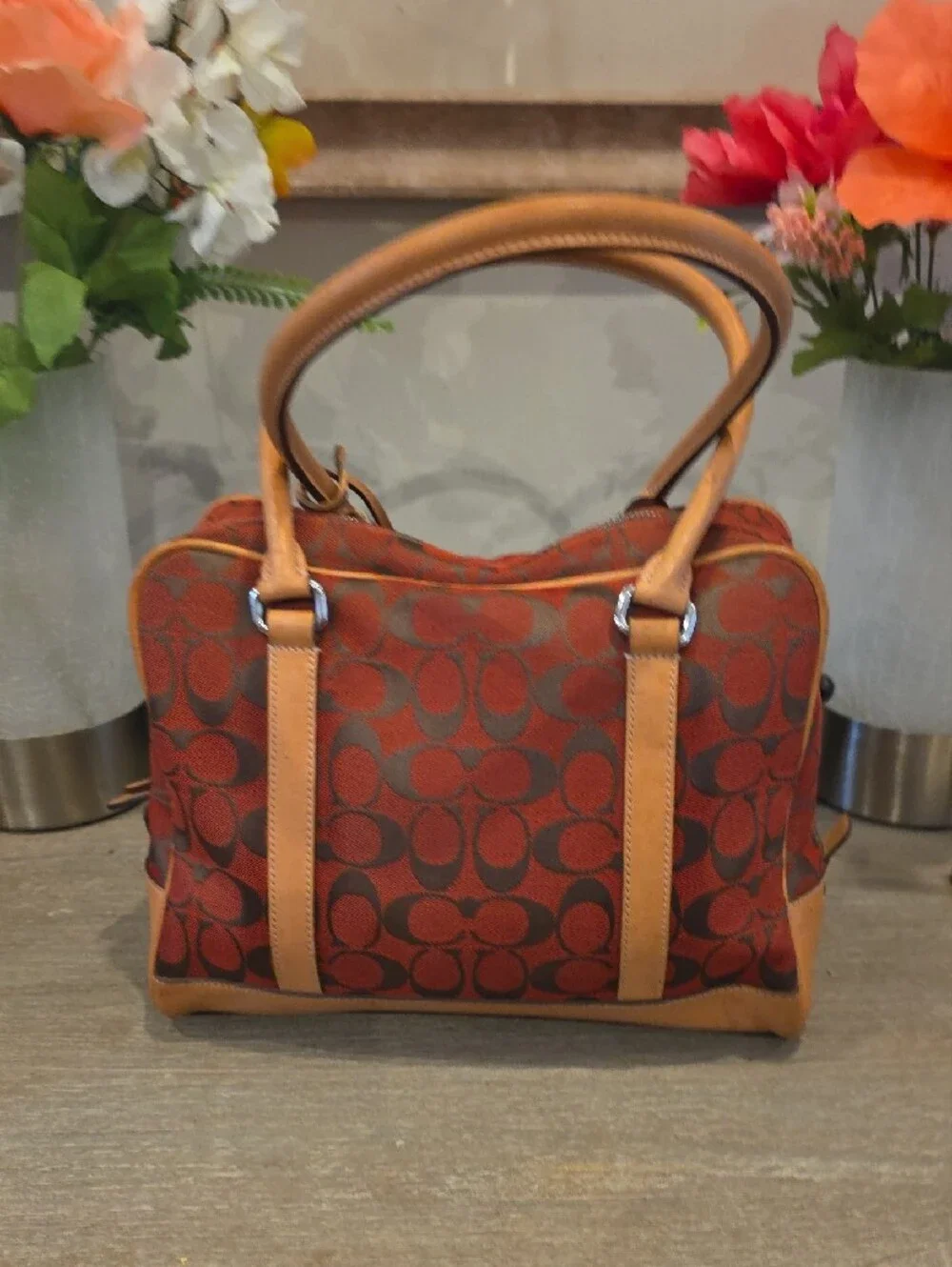 Coach  VINTAGE  2001 Red and Tan Signature Canvas Satchel